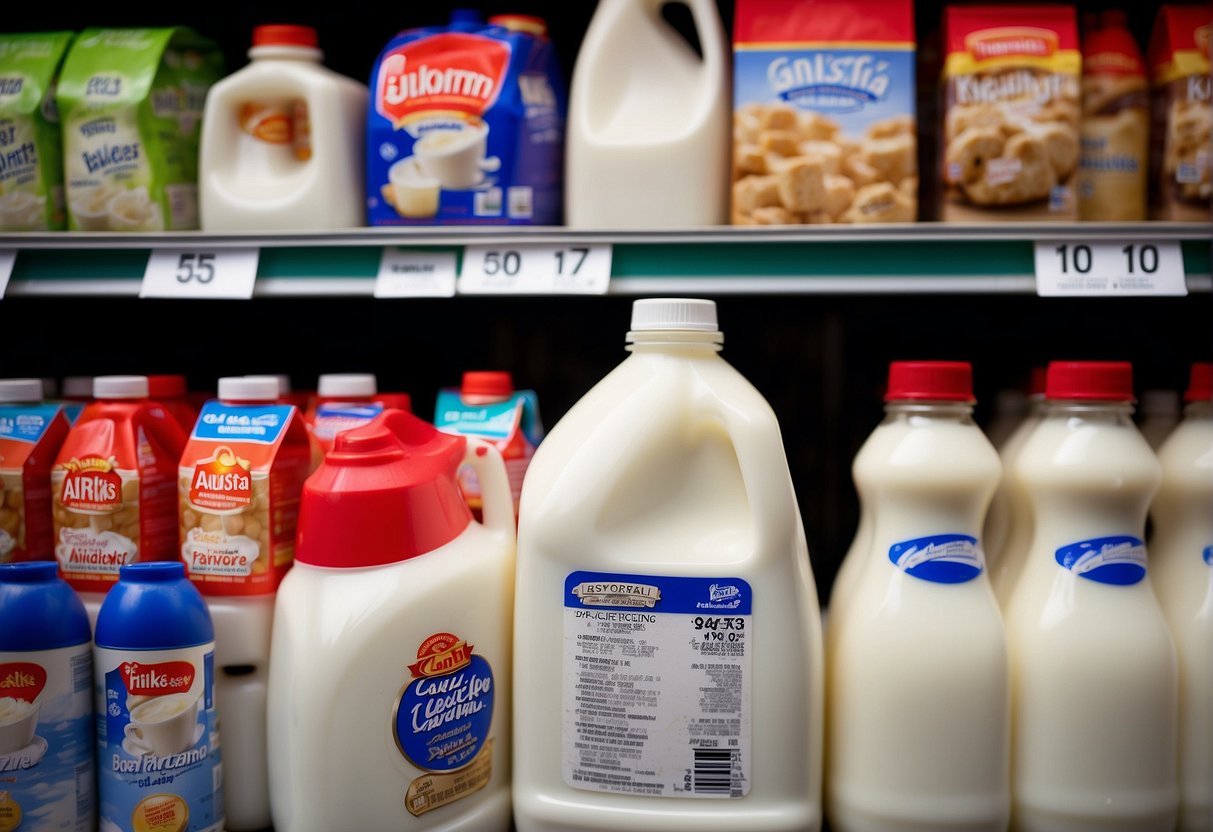 A gallon of milk sits on a grocery store shelf in Alaska, surrounded by other dairy products. The price tag is visible, indicating the cost