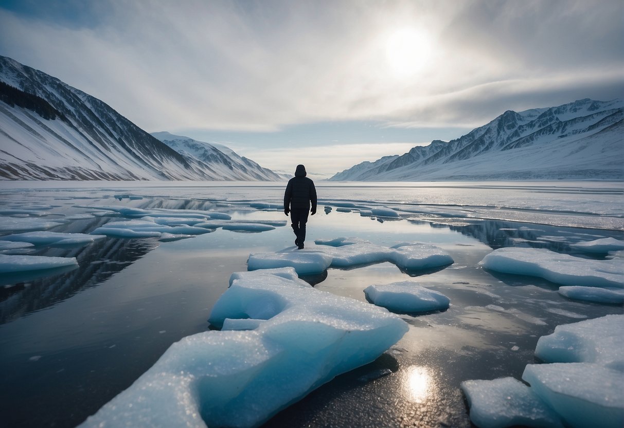 A person walking across a frozen Bering Strait from Alaska to Russia