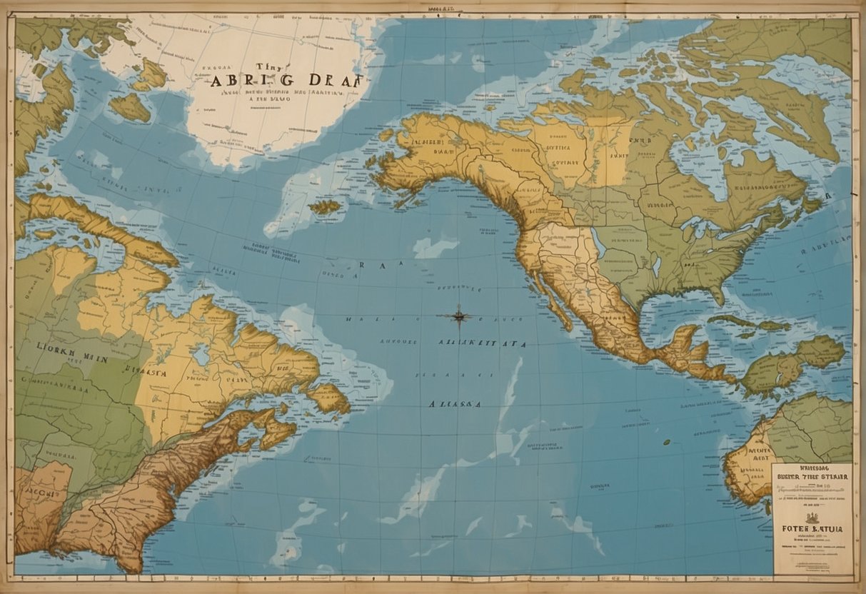 A map showing the Bering Strait with Alaska on the left and Russia on the right, connected by a dotted line indicating the potential walking route