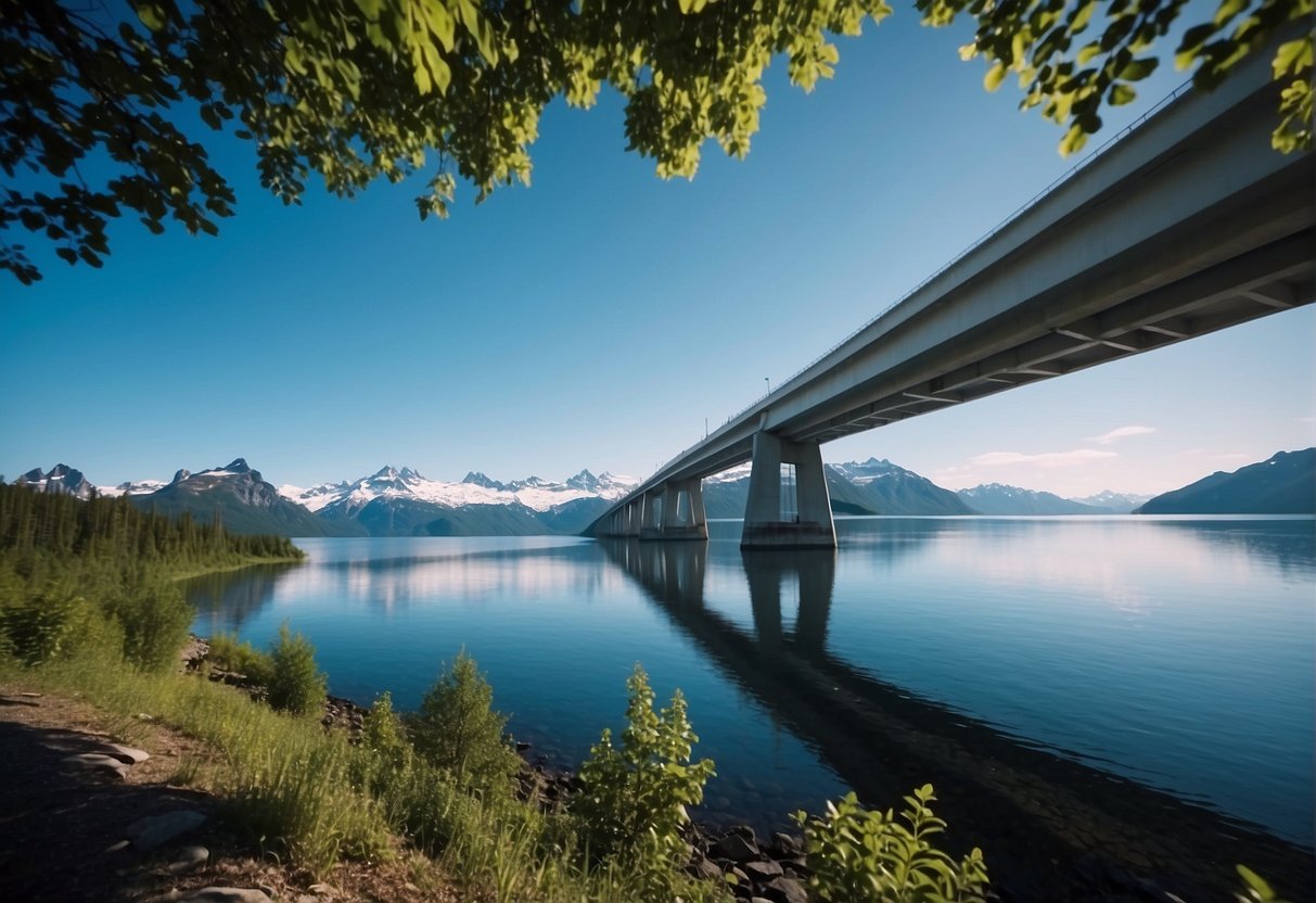 Two land masses separated by water, Alaska and Russia. A bridge or ferry could facilitate crossing