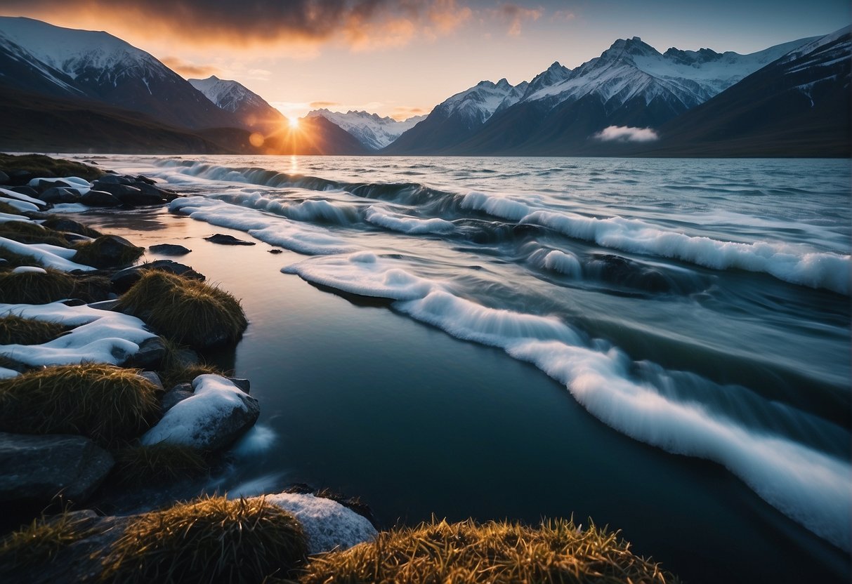 A rugged, icy landscape with a narrow stretch of water separating Alaska and Russia. Snow-capped mountains loom in the distance, while a cold, choppy sea churns in between