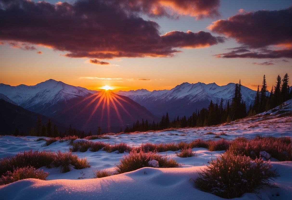 The sun dips below the snow-capped mountains, casting a warm glow over the Alaskan landscape. The sky is painted with vibrant hues of pink, orange, and purple, creating a stunning sunset