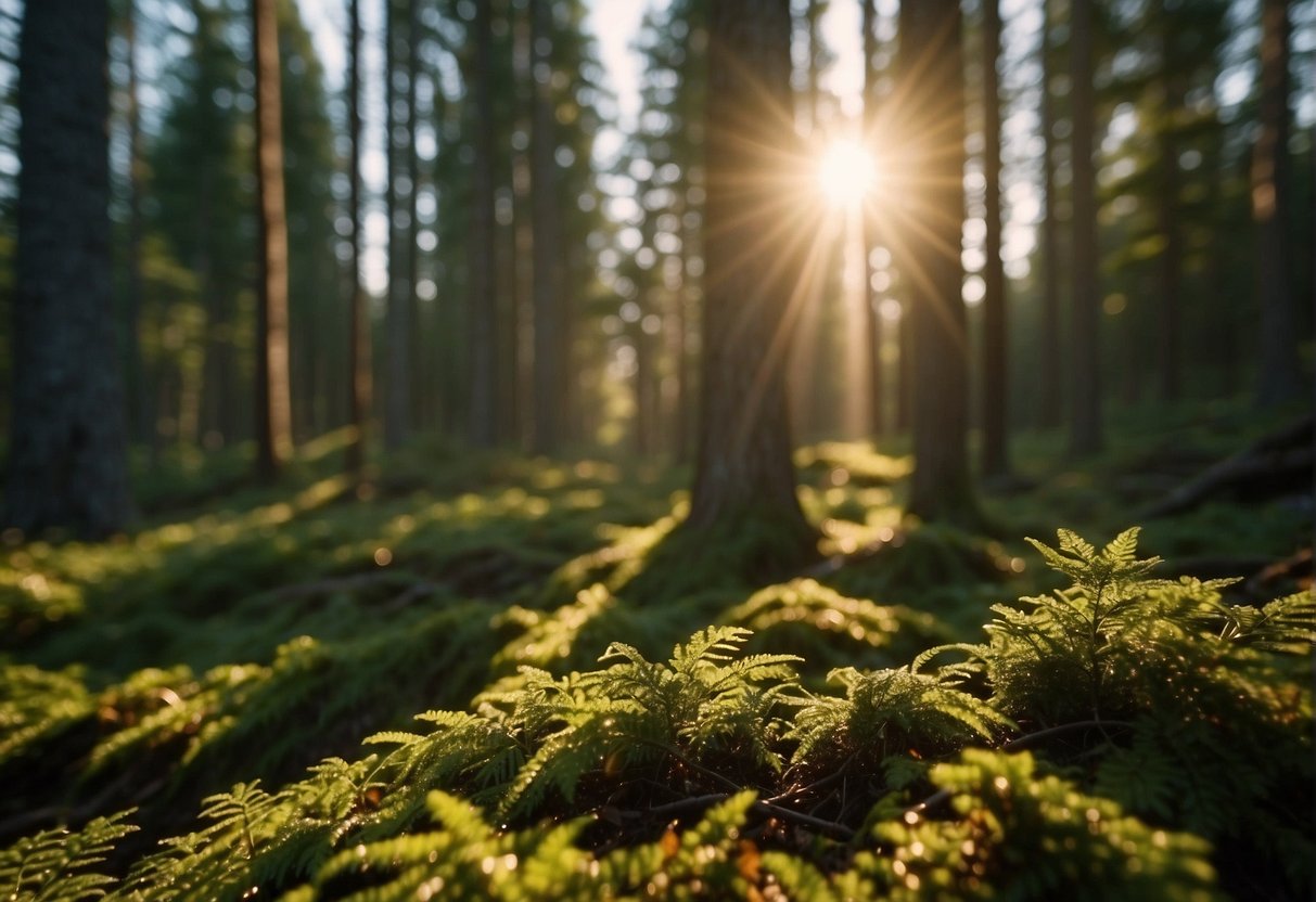 The sunlight filters through the dense Alaskan forest, casting intricate patterns on the forest floor as the sun sets in the distance