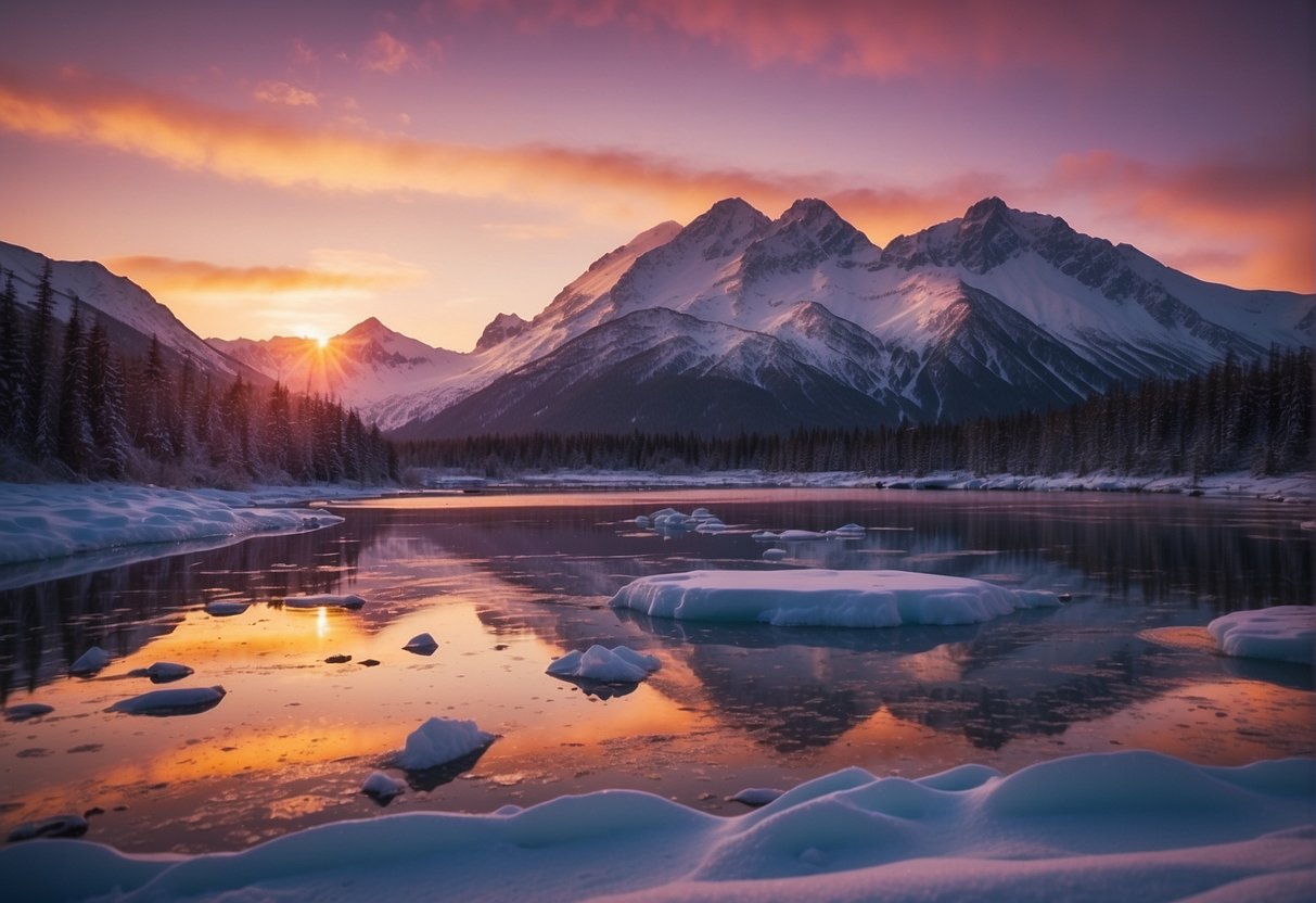 The sun sets behind snow-covered mountains, casting a golden glow over the icy landscape of Alaska. The sky is painted with hues of pink, purple, and blue as the sun dips below the horizon