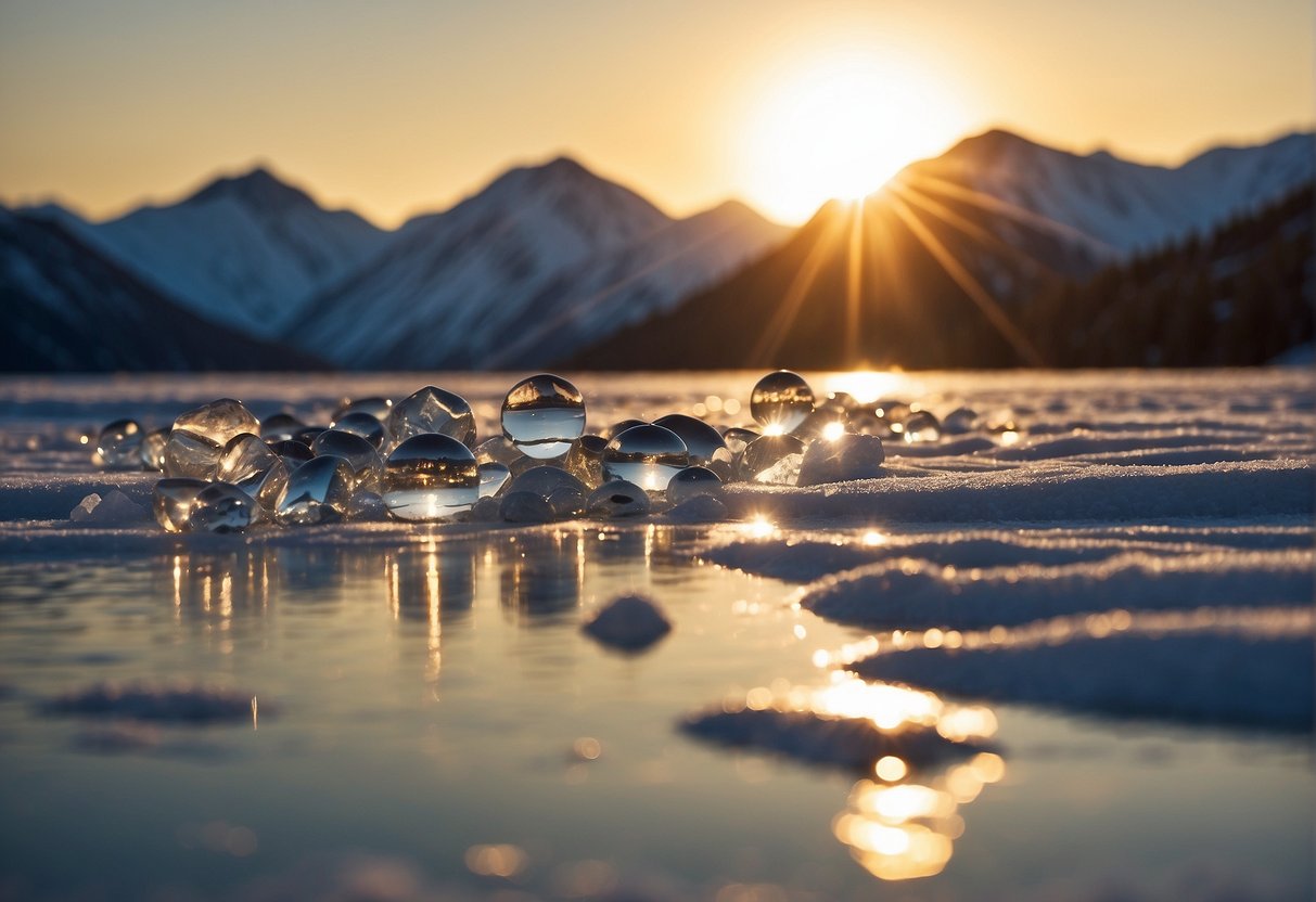 The sun sets over the Alaskan horizon, casting a warm glow on the snow-capped mountains and reflecting off the icy waters below