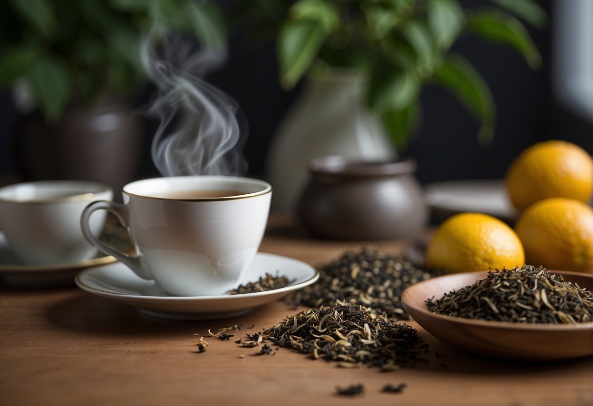 A steaming cup of Earl Grey sits next to other teas. The Earl Grey tea leaves are distinct with a hint of bergamot, while the other teas vary in color and scent