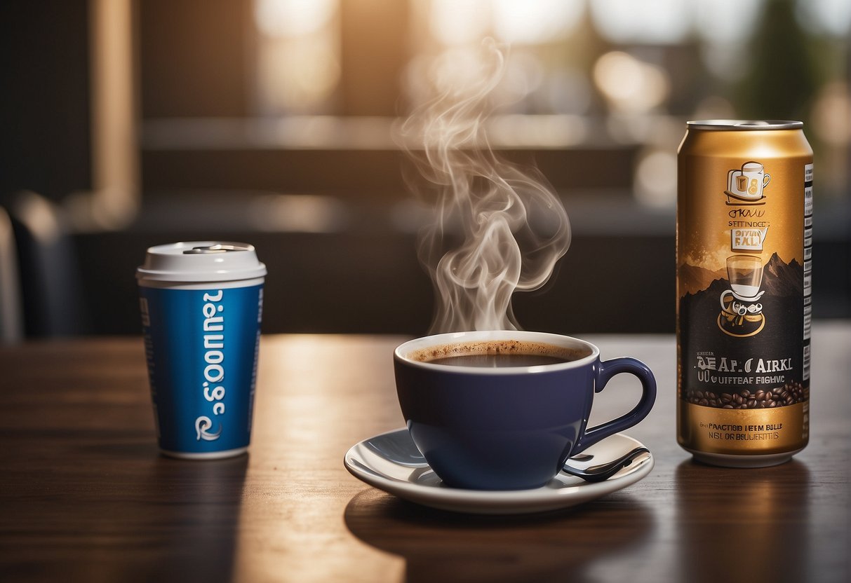 A steaming cup of earl grey tea sits next to a coffee mug and a can of energy drink, showcasing the varying sources of caffeine