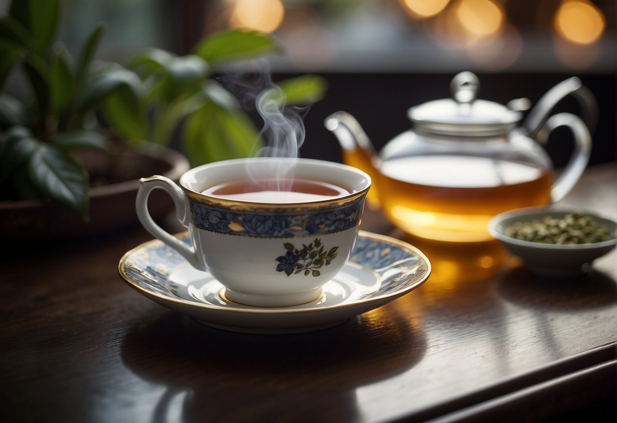 A steaming cup of decaffeinated Earl Grey tea sits on a saucer, surrounded by loose tea leaves and a small teapot