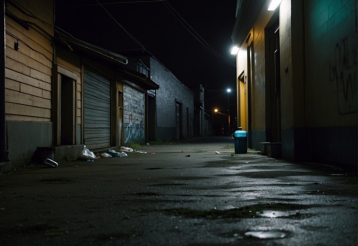 A dark alley in Alaska, littered with broken bottles and graffiti. A shadowy figure lurks in the corner, while distant sirens wail