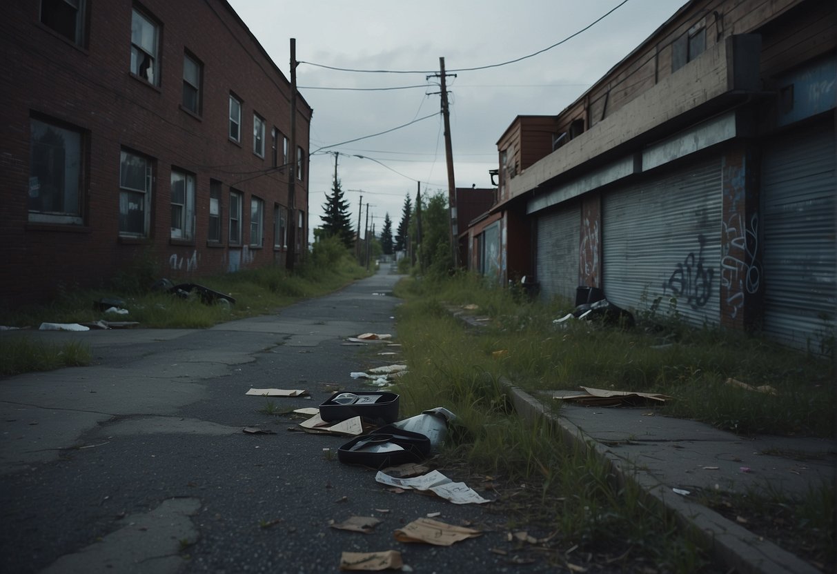 Dark Alaskan streets with broken streetlights, abandoned buildings, and graffiti-covered walls. Trash litters the sidewalks, and a sense of desolation hangs in the air