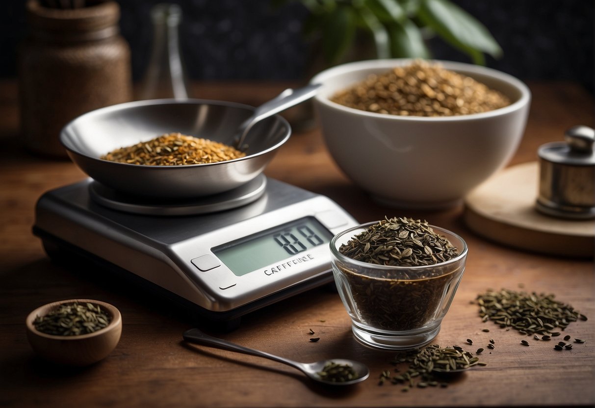 A digital scale with a pile of loose earl grey tea leaves next to a measuring spoon. A small beaker labeled "caffeine" sits nearby