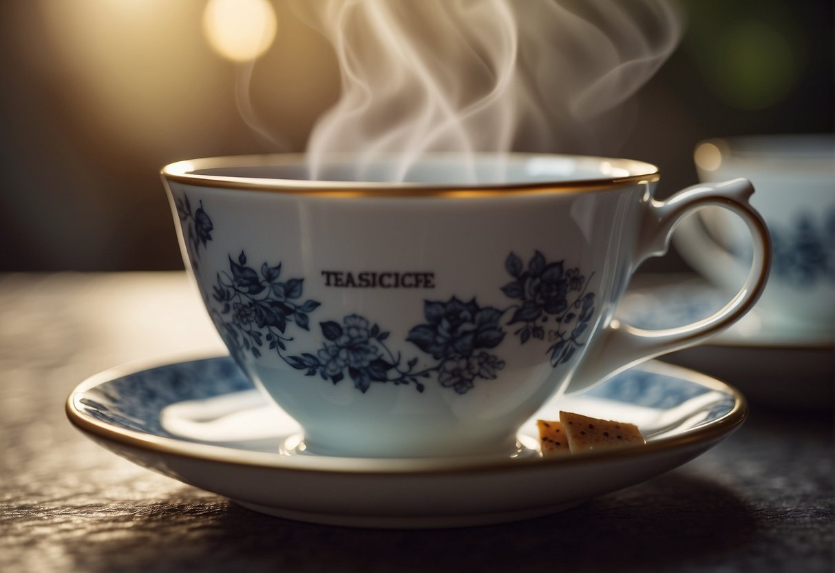 A teacup sits on a saucer, with a steaming earl grey tea bag next to it. A label displays the caffeine content in bold letters