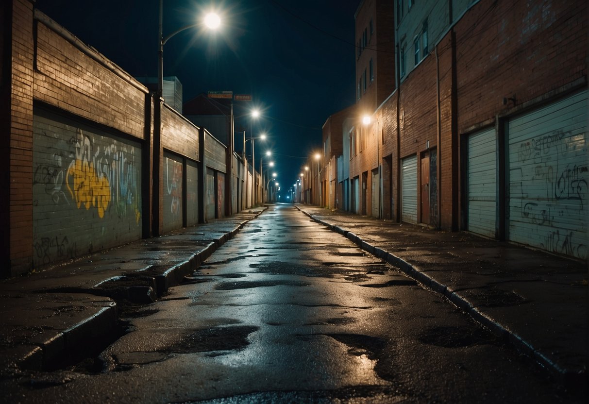 A dark alley in Alaska, with graffiti-covered walls and broken streetlights, sets the scene for a crime-ridden environment