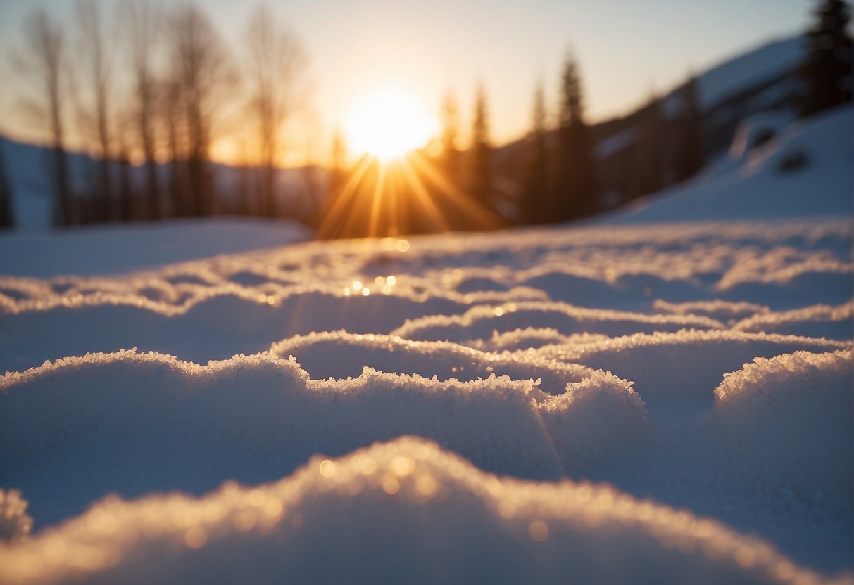 The sun dips below the horizon in Alaska, casting a warm glow over the snow-covered landscape