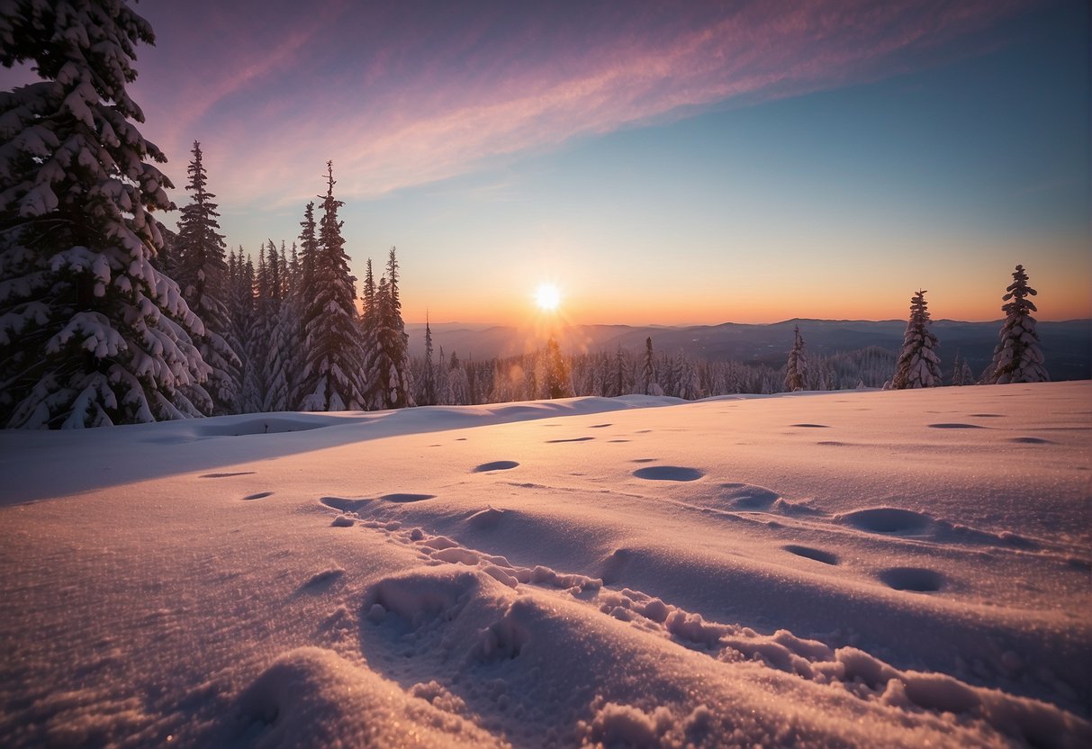 The sun dips below the horizon, casting long shadows over the snow-covered landscape. The sky is painted with hues of pink, purple, and orange, creating a breathtaking sunset