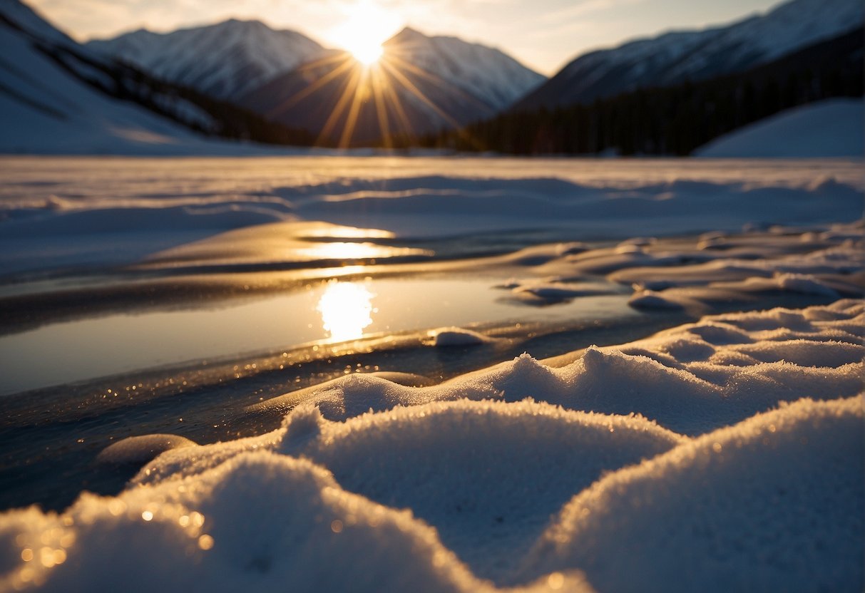 The sun casts long shadows on snow-covered mountains, illuminating the landscape in a golden glow as it sets behind the horizon in Alaska