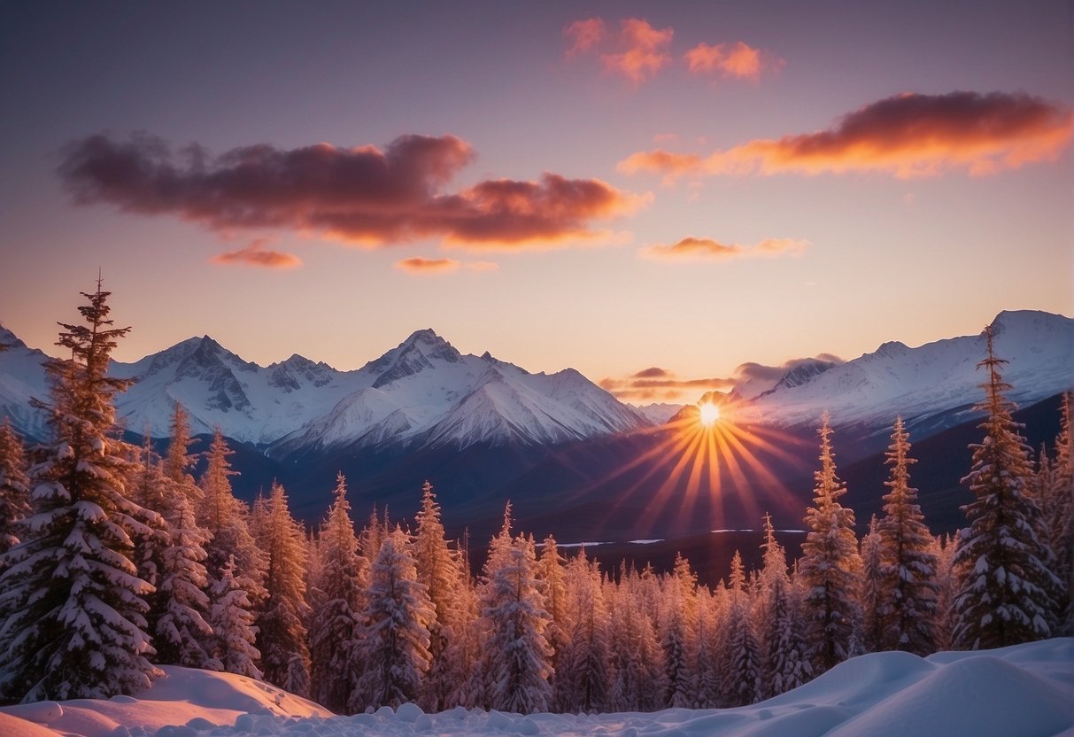 The sun sets behind snow-capped mountains in Alaska. The sky is painted with hues of pink, orange, and purple, creating a stunning and serene landscape