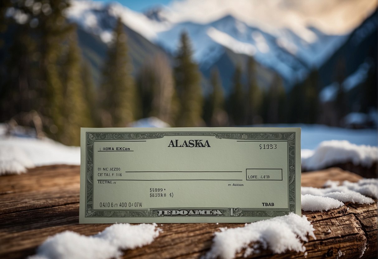 A check with "Alaska" written on it, surrounded by snow-capped mountains and a log cabin