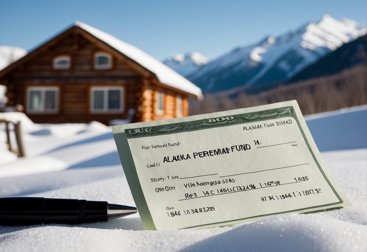 A check with "Alaska Permanent Fund Dividend" written on it, surrounded by snow-covered mountains and a log cabin