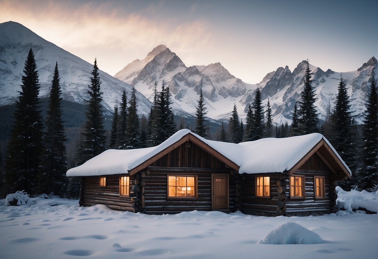 A snowy landscape in Alaska with a log cabin, a moose, and a mountain backdrop, representing the high cost of living and financial considerations in the state