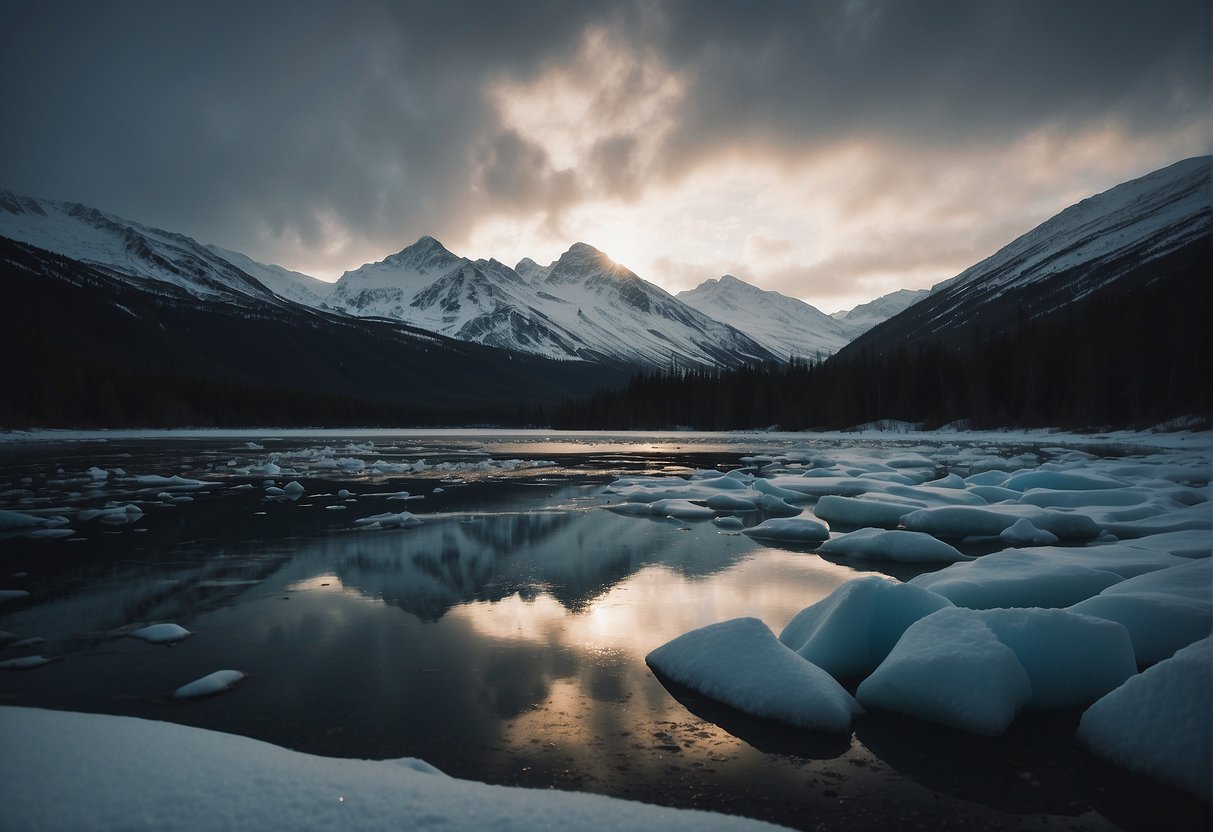 The Alaskan landscape is shrouded in darkness, with the sun absent for long periods of time. Snow-covered mountains and icy waters create a serene, yet eerie atmosphere