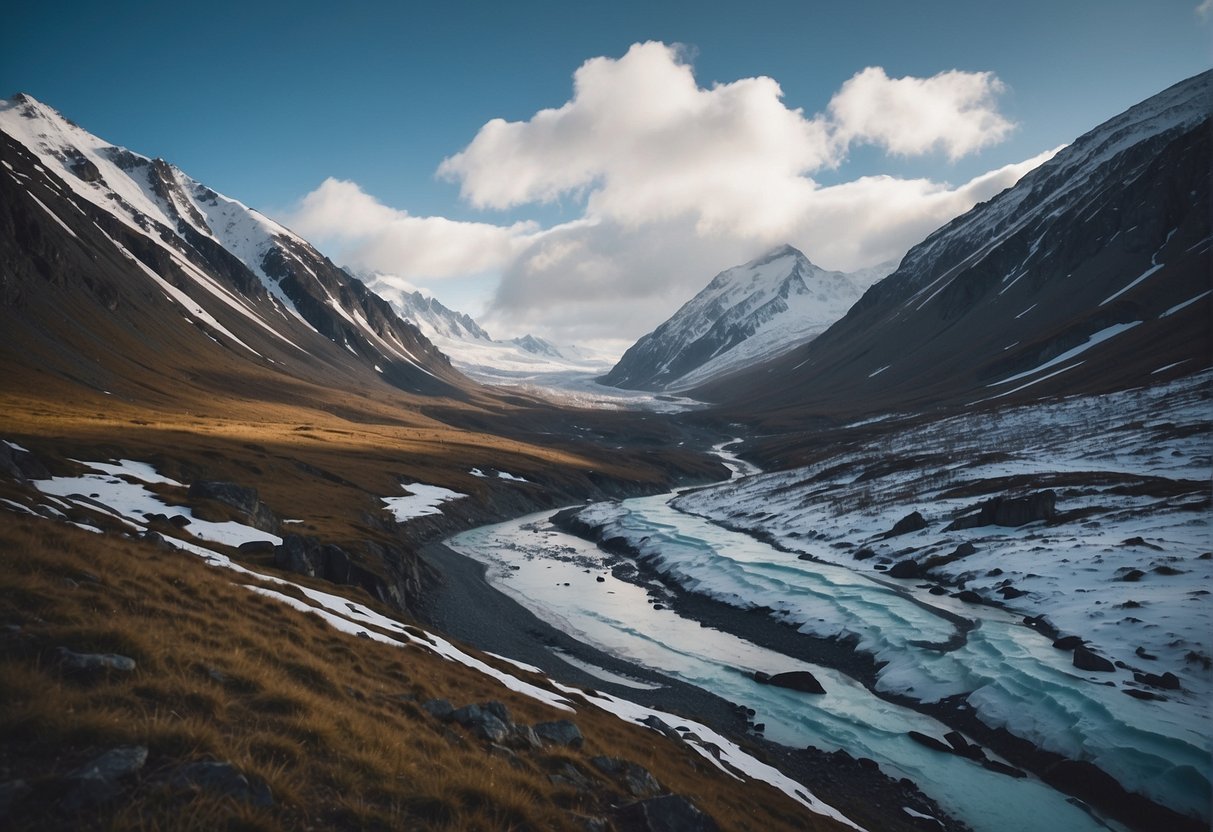 Snow-covered mountains loom over a rugged landscape. Icy cliffs and treacherous terrain create a sense of danger in the remote Alaskan wilderness
