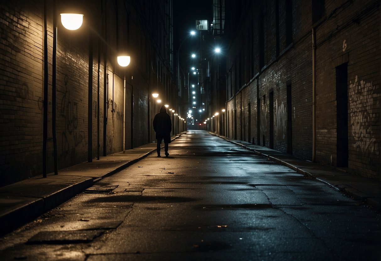 A dark alley with broken streetlights and graffiti. A shadowy figure lurks in the distance, creating a sense of danger and unease