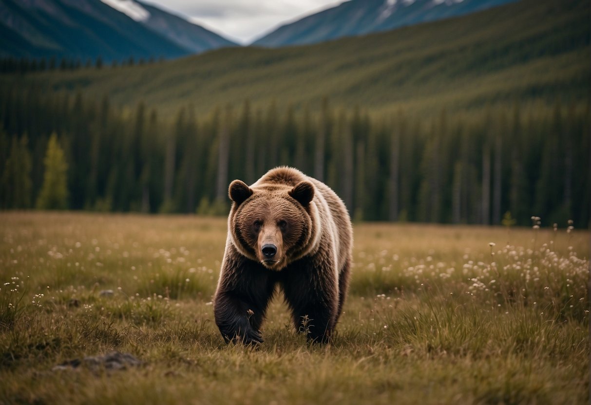 A bear prowls through a rugged Alaskan landscape, its sharp eyes scanning for potential prey. The towering mountains and dense forests create a sense of isolation and danger