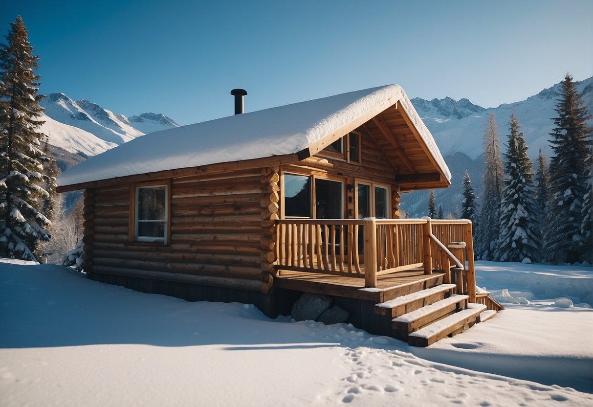 A snowy landscape in Alaska with a cozy cabin, snow-capped mountains, and a clear blue sky