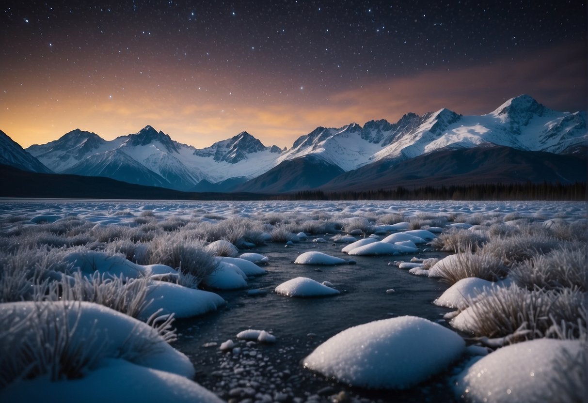 Alaska's icy landscape under a clear, starry night sky. Snow-capped mountains loom in the distance, while the air is filled with a chilly, wintry breeze