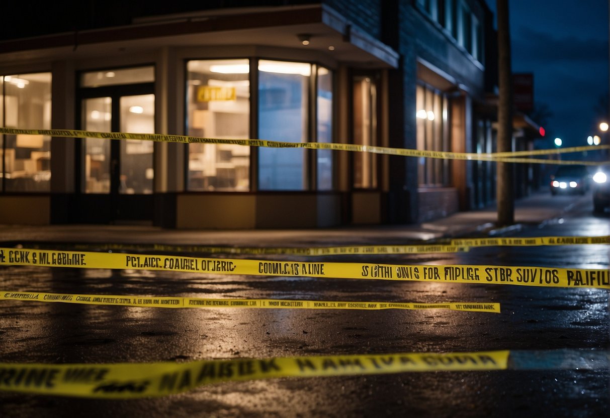 The dark streets of Anchorage, Alaska are illuminated by flashing police lights, as crime scene tape surrounds a shattered storefront window