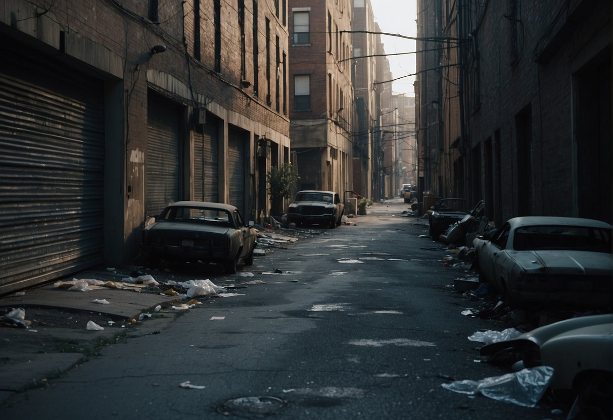 A dark alley with broken street lights, graffiti-covered buildings, and abandoned cars. Trash litters the ground, and the air is filled with a sense of neglect and desperation