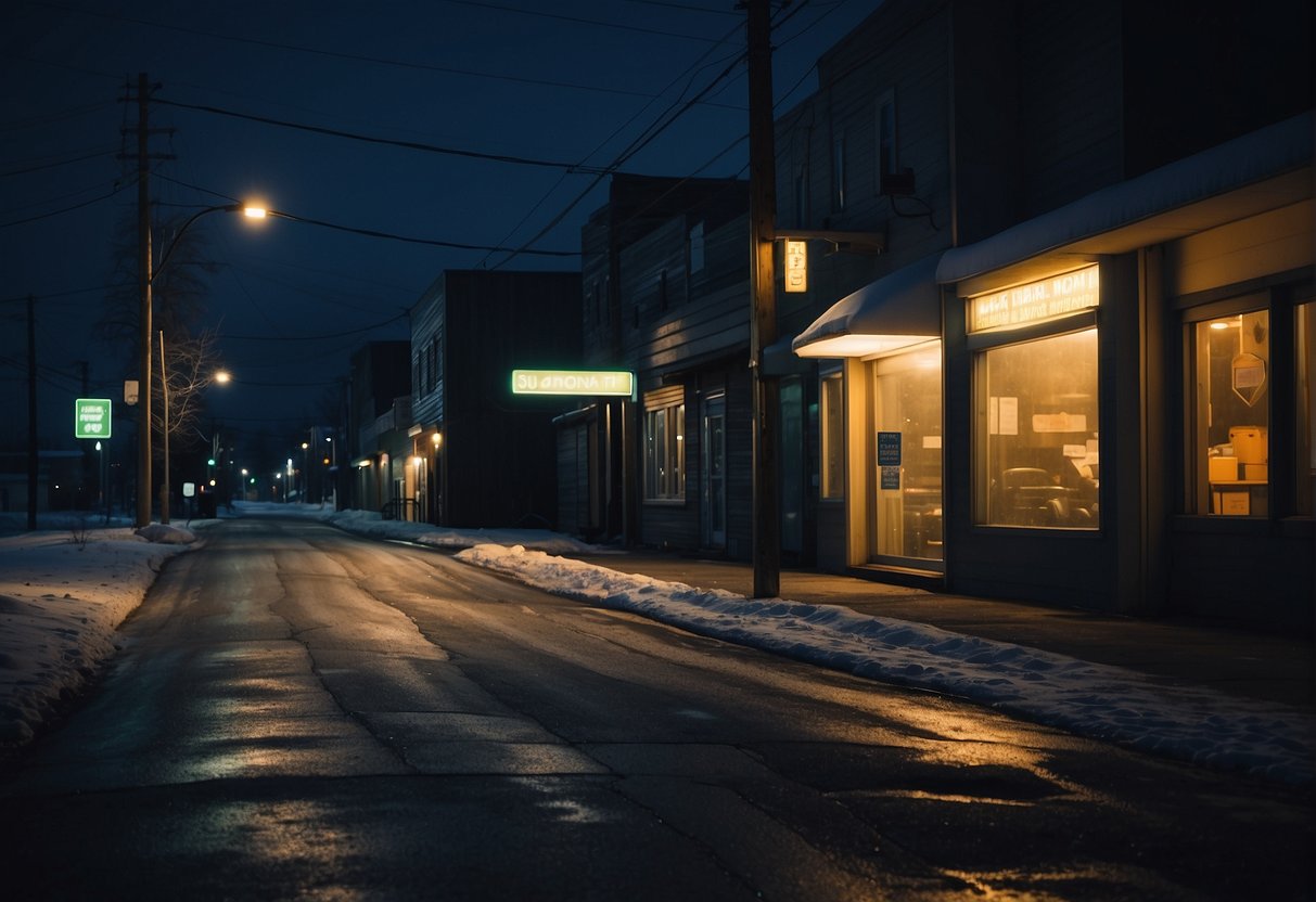A dimly lit street in Anchorage, Alaska, with a shadowy figure lurking in the background. The glow of a neon sign illuminates the eerie atmosphere