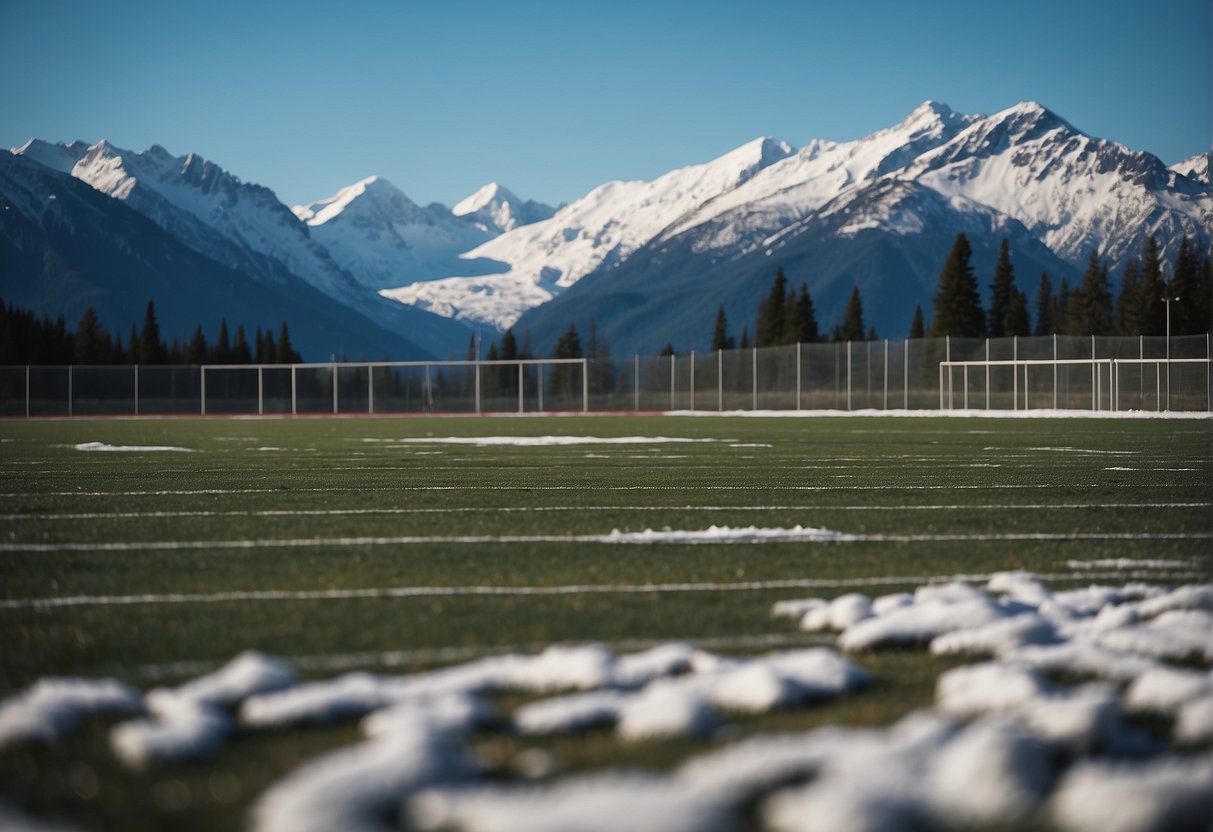 A football field in Alaska with snow-capped mountains in the background