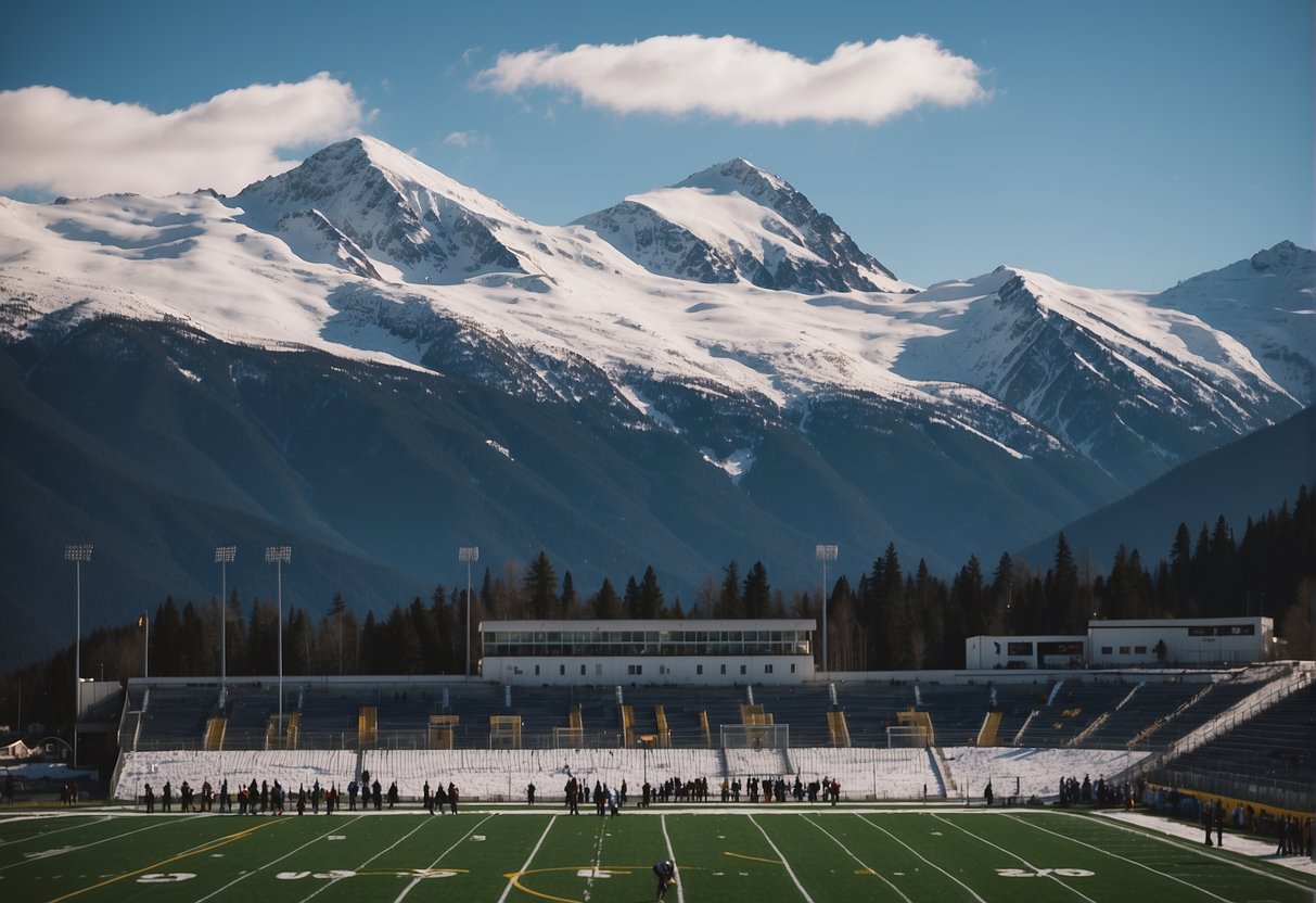 A football field surrounded by snow-capped mountains, with players in jerseys representing Alaska's sports landscape