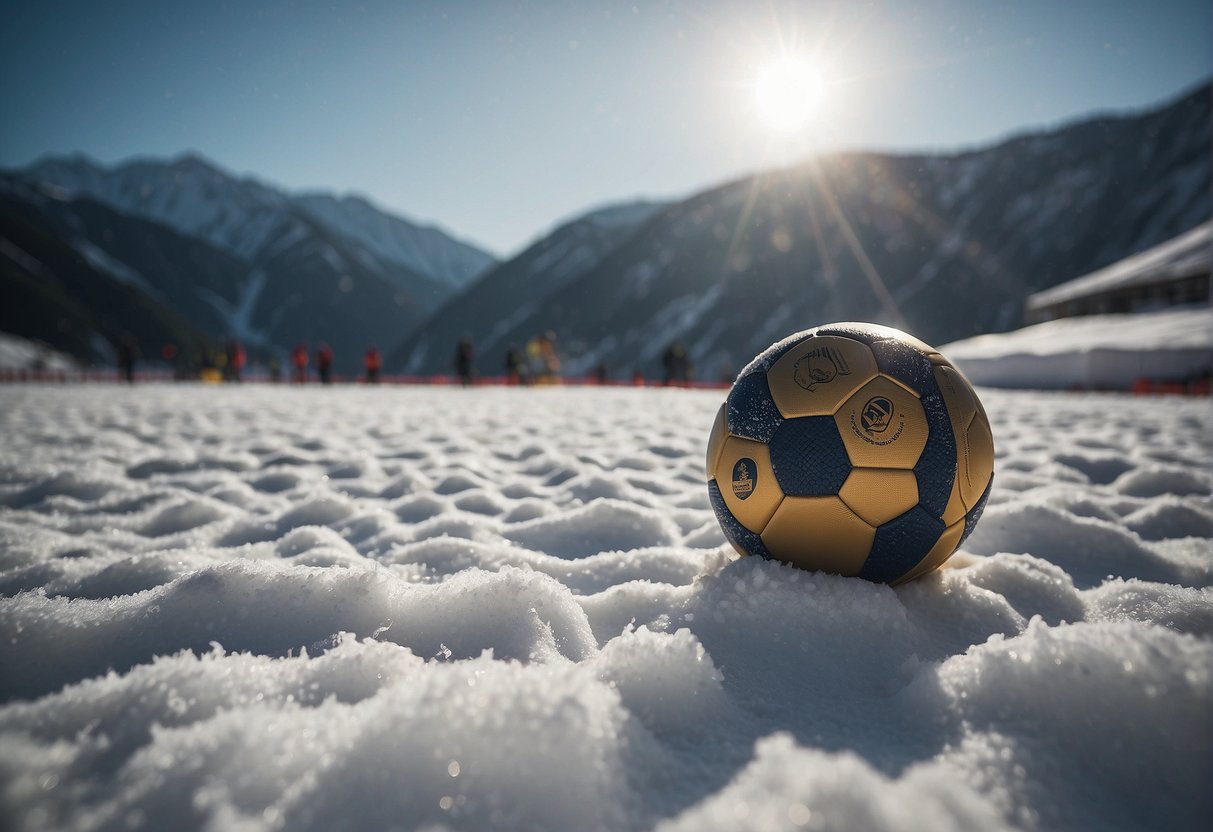 A football field covered in snow with players in thick winter gear, surrounded by snowy mountains