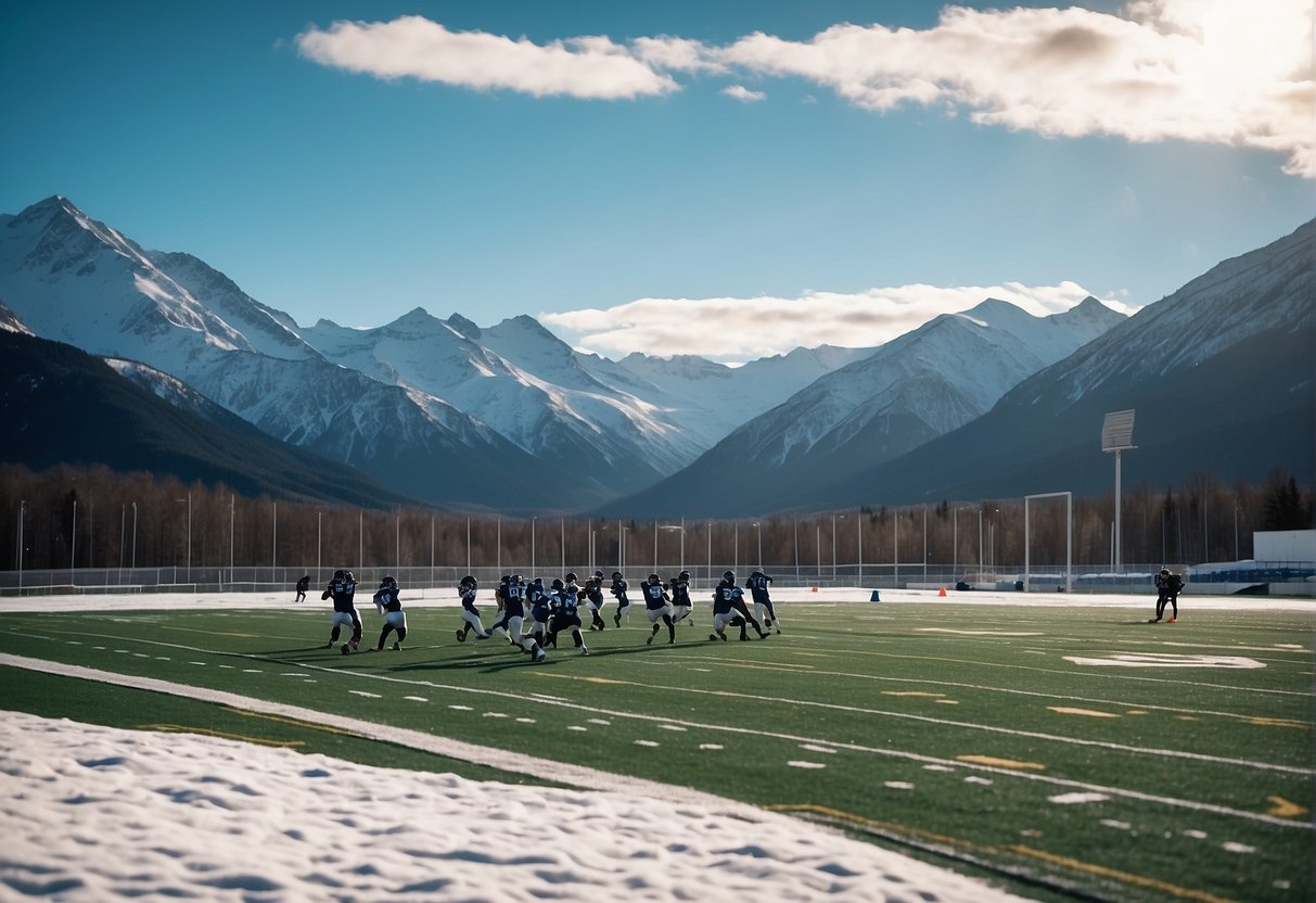 A football field in Alaska with a team playing a game, surrounded by snowy mountains and a clear blue sky