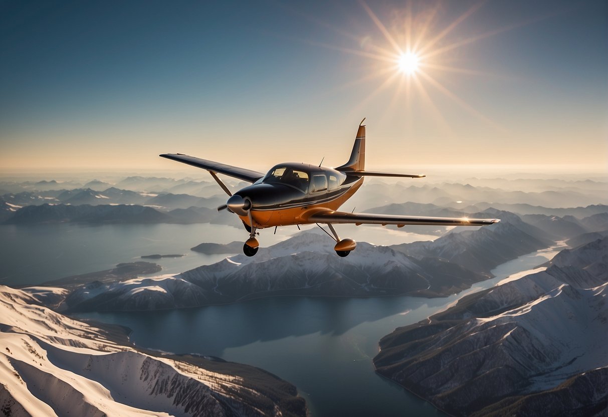 A small airplane flies over a vast expanse of icy ocean, with snow-capped mountains in the distance. The sky is clear and the sun is low on the horizon, casting a warm orange glow over the landscape