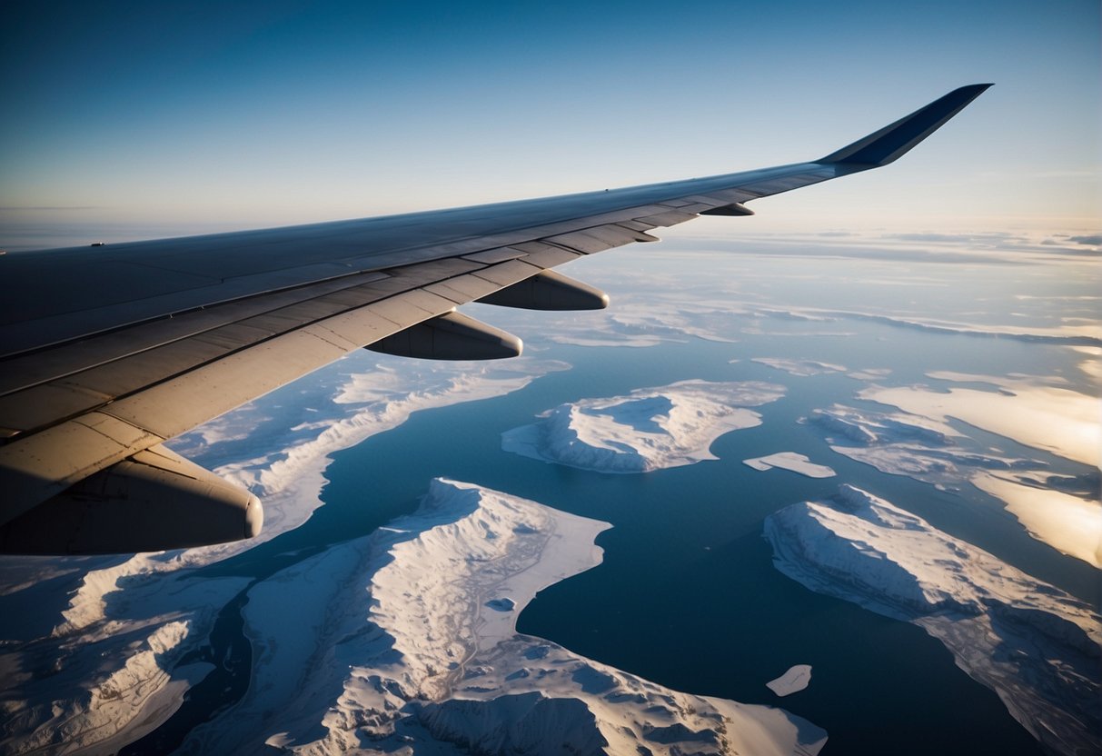 The plane flies over vast icy landscapes, crossing the Bering Strait. The distance between Alaska and Russia seems endless, with no visible end in sight