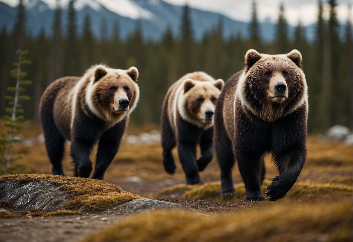 A group of rival animals prowling through the Alaskan wilderness, marking their territories and displaying signs of territorial aggression
