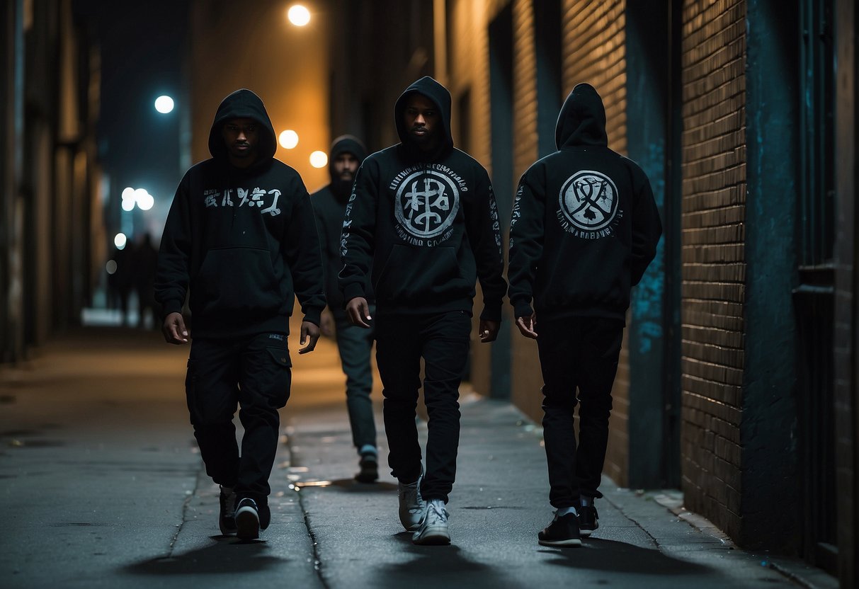 A group of individuals in dark clothing loitering in a dimly lit alleyway, displaying gang symbols and graffiti on the surrounding buildings