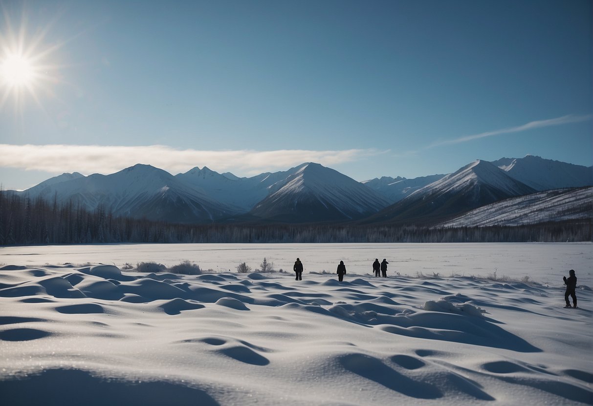 The snowy Alaskan landscape is punctuated by a group of shadowy figures, their presence hinting at the existence of gangs in this remote region