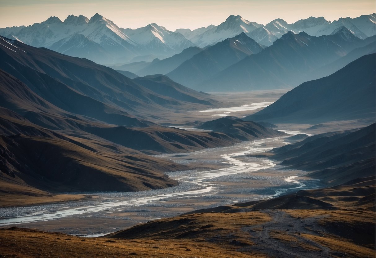 A vast, rugged landscape with few signs of human presence, surrounded by icy mountains and vast stretches of wilderness