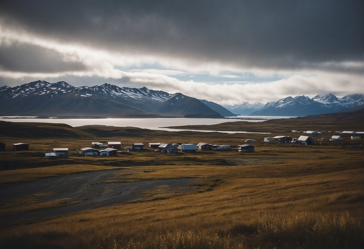 A vast, rugged landscape with sparse settlements and harsh weather conditions. Limited economic opportunities and isolation contribute to Alaska's low population
