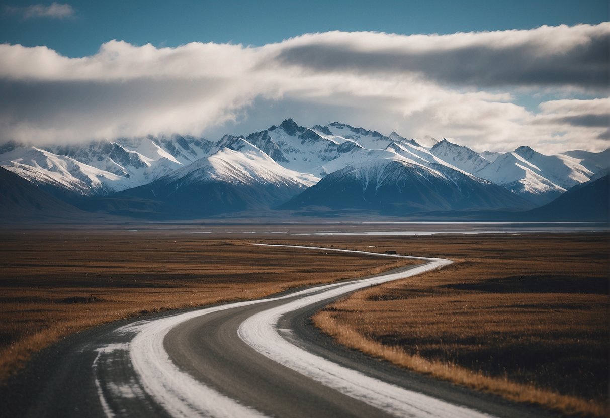 Alaska's vast, empty landscape stretches for miles, with few signs of human habitation. The snow-capped mountains and expansive tundra create a feeling of isolation and solitude