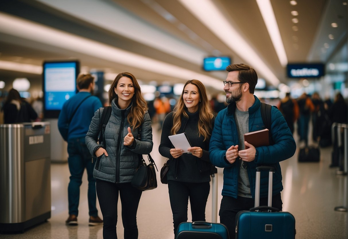 Travelers research and follow guidelines, passports in hand, at airport check-in for a flight to Alaska