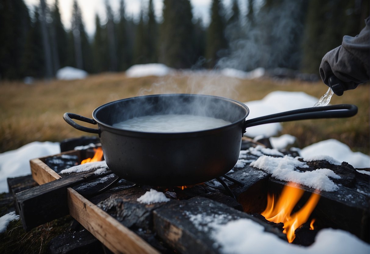 Alaskans melt snow in a pot over a fire, collecting water in a container