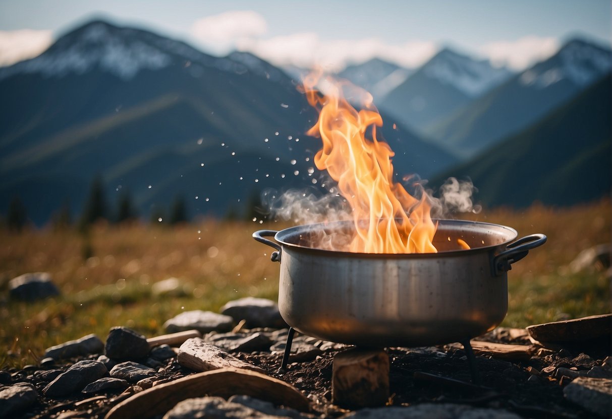 Melting snow for water: snow melting in a metal pot over a campfire, steam rising, with mountains in the background