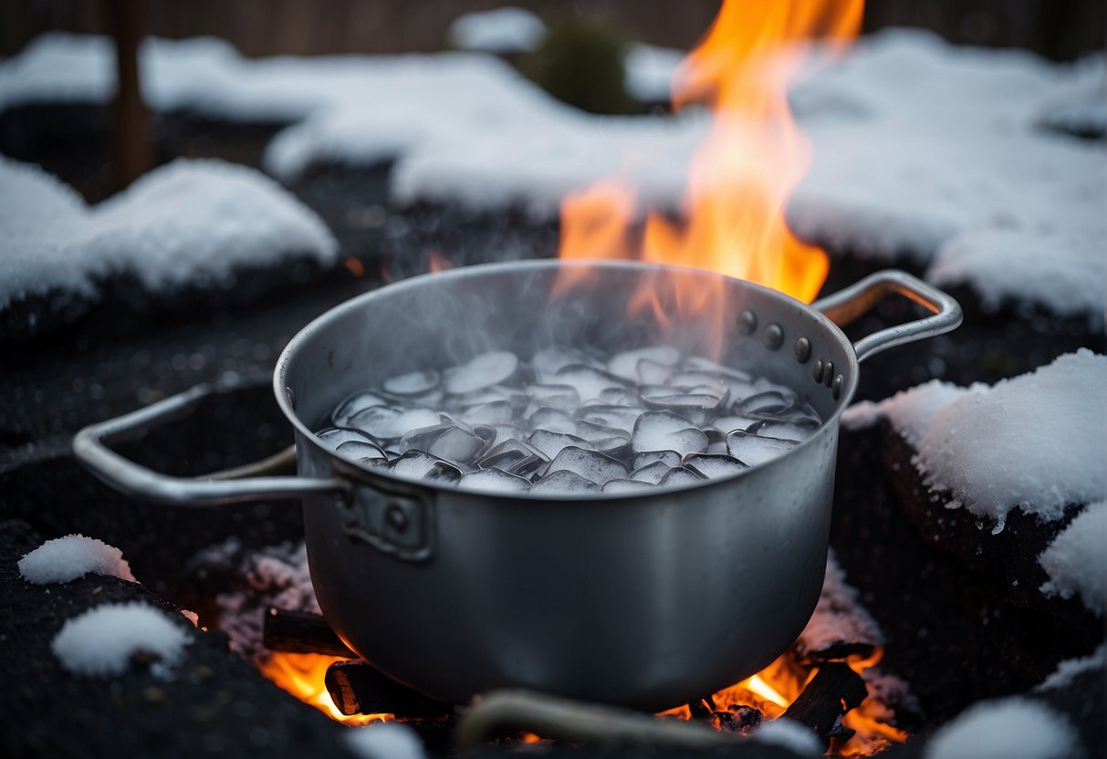 Snow melts in a metal pot over a fire. A makeshift filter strains out impurities as the water is purified for safe consumption