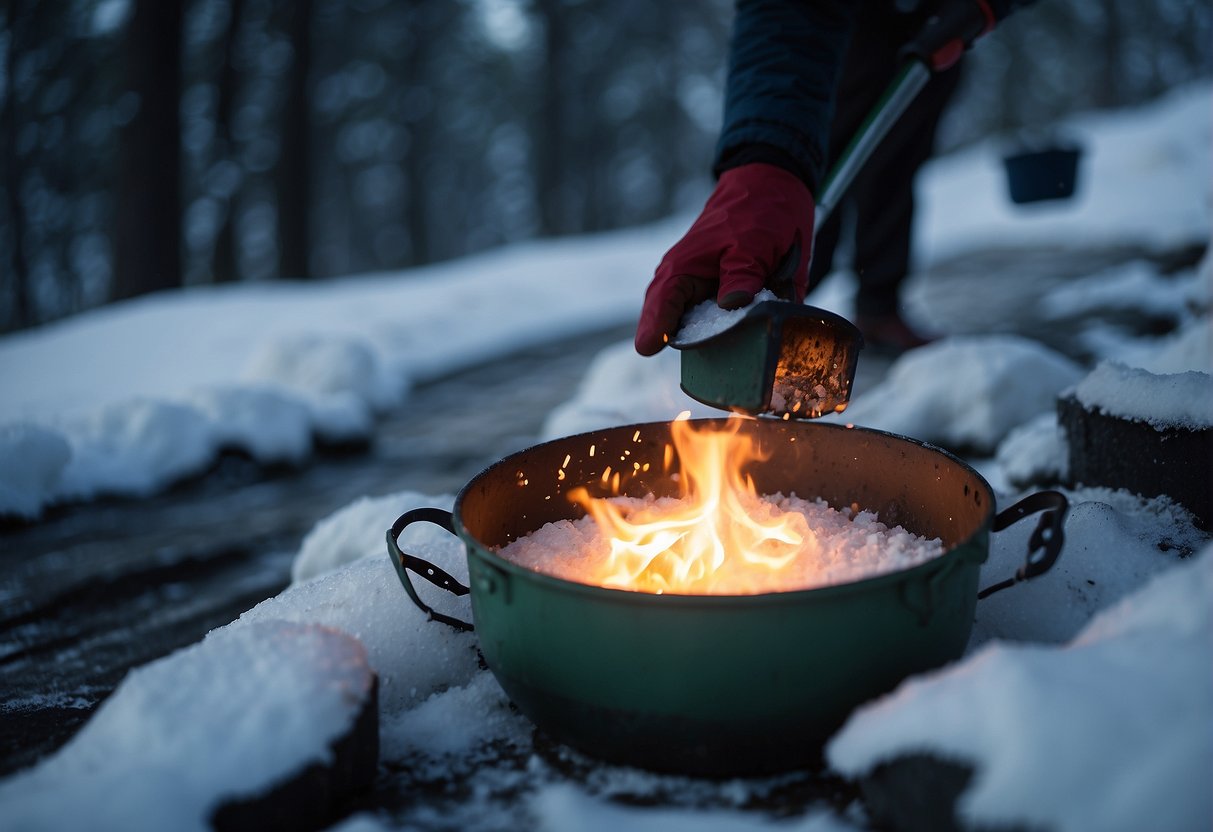 Alaskans collect snow for water, melting it in containers over a fire